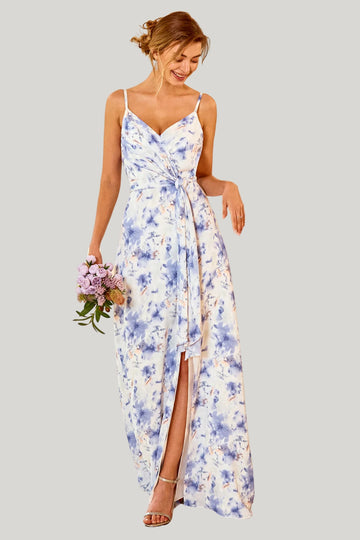 Blue Floral Print A Line Spaghetti Straps Maxi Dress with Slit